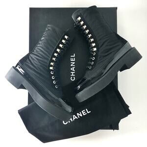 Chanel Interlocking CC Nylon Suede Patent Calfskin Platform Lace Up Boots 37